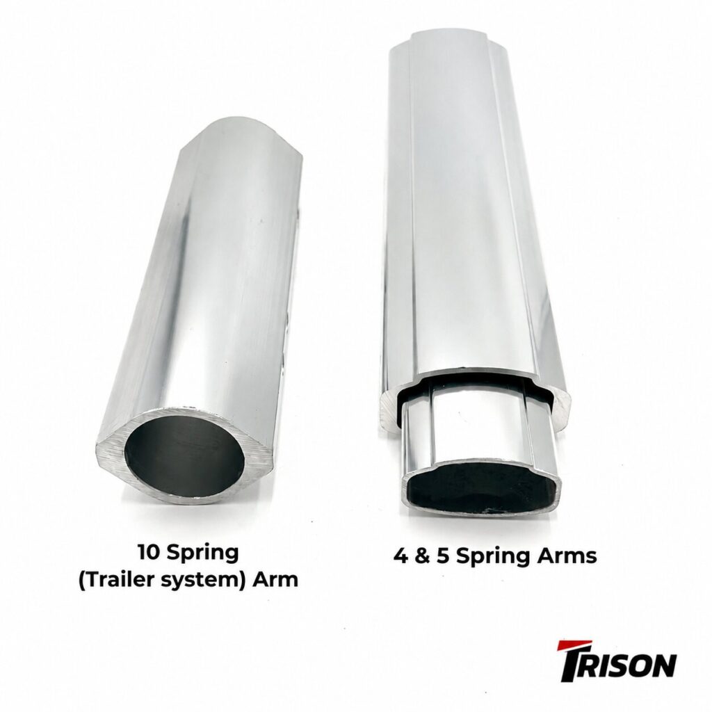 Comparison of tarp arms for 10-spring trailer systems and 4 & 5-spring systems.